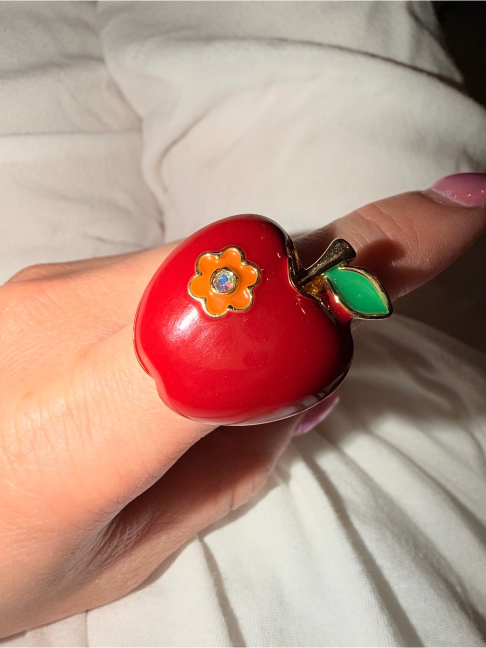 Rare 🍎Betsey Johnson Red Apple Enamel Cocktail Ring Green Leaf Orange Flower👌💋